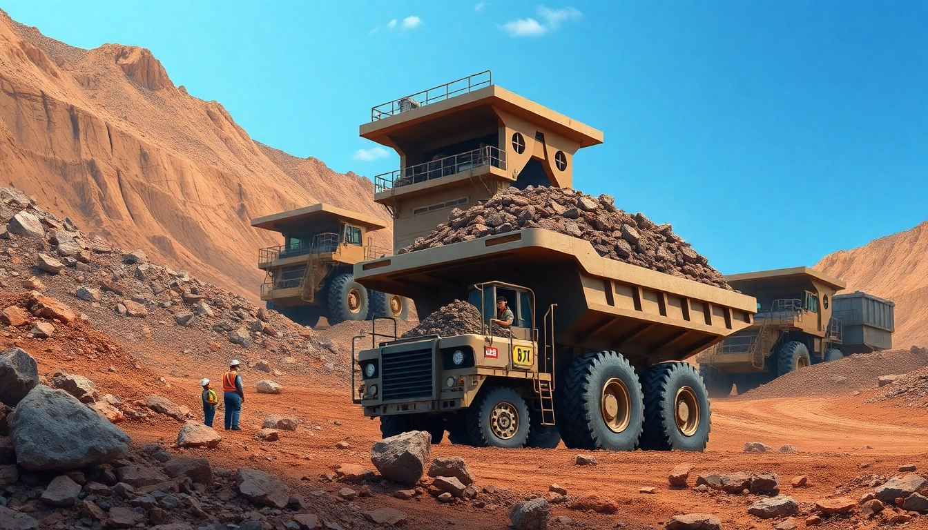 Workers extracting iron ore in a detailed mining scene with heavy machinery.