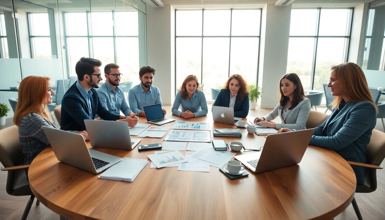 Business professionals collaborating in a modern meeting space, fostering innovation and teamwork.