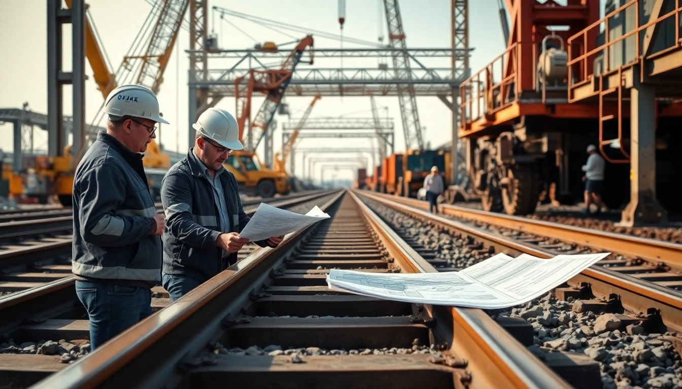 Engineers collaborating on railroad engineering plans amidst a bustling construction site.
