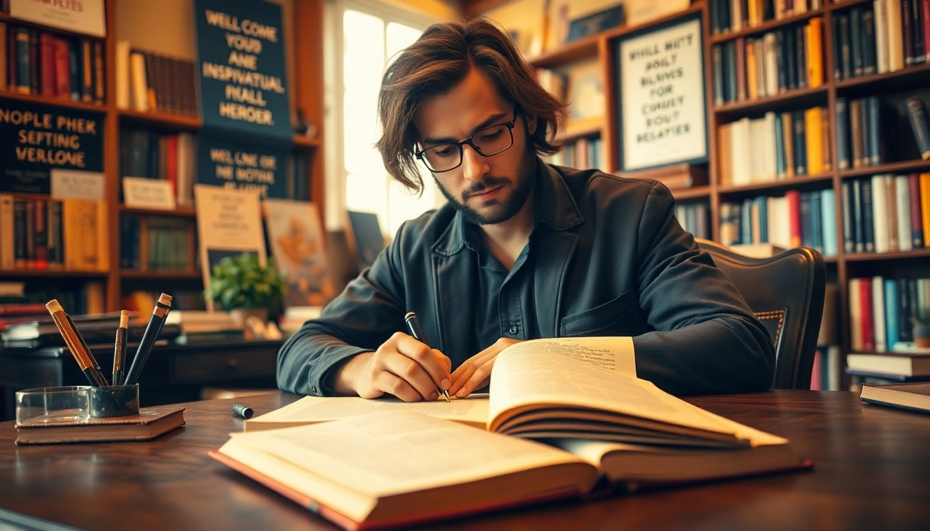 Author writing a motivational memoir, capturing creativity in a cozy library setting.