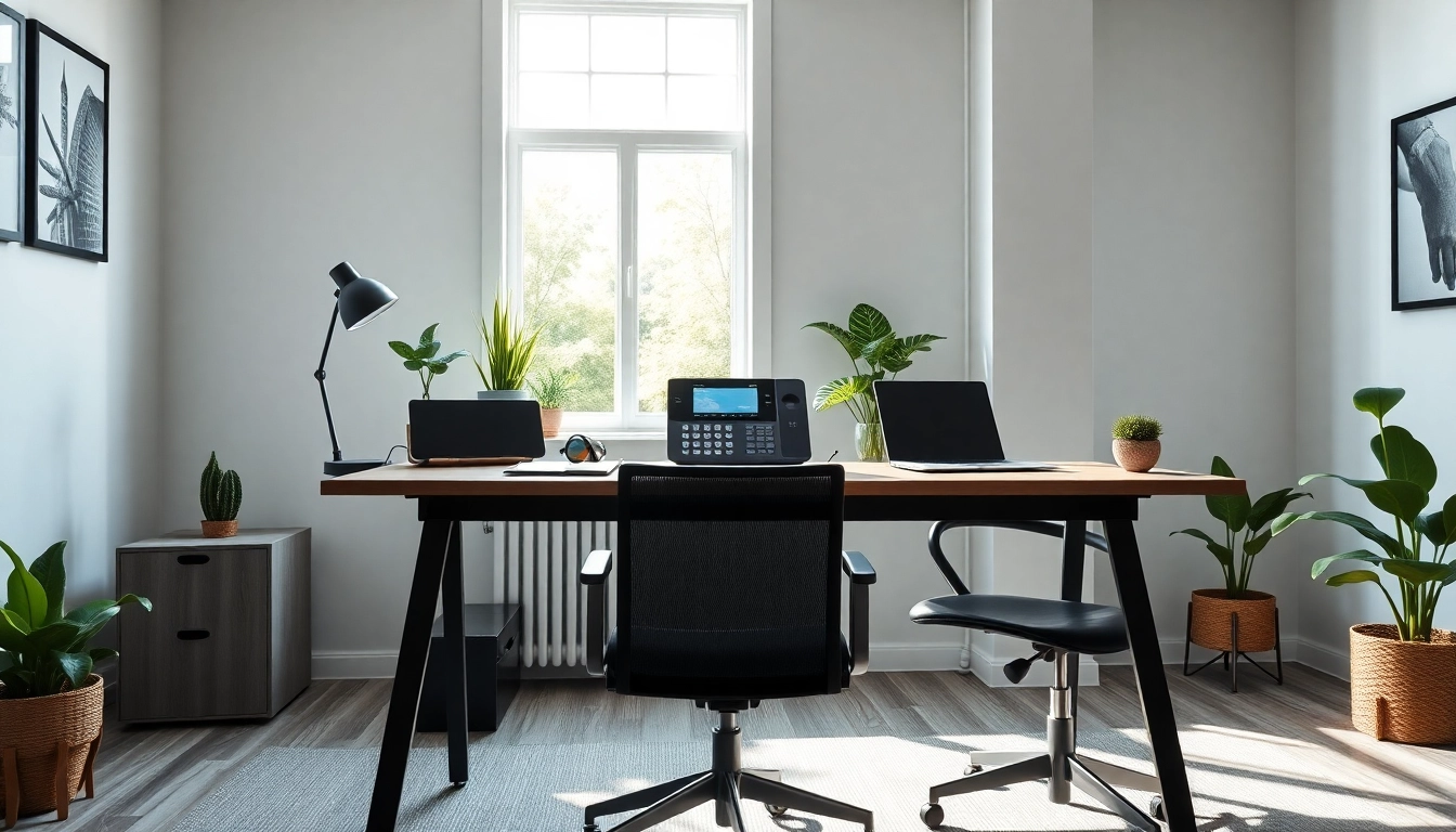 Engaging VoIP phone on a modern desk in a bright home office setup with ergonomic elements.