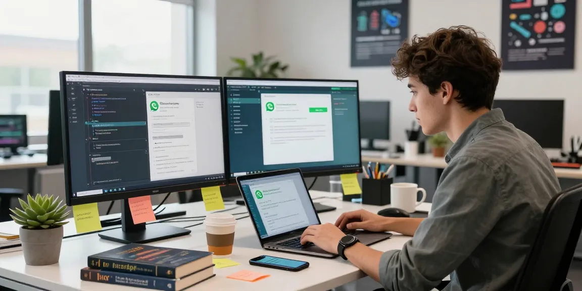WhatsApp下載 in a vibrant tech workspace with a developer coding and using WhatsApp interface on dual monitors.