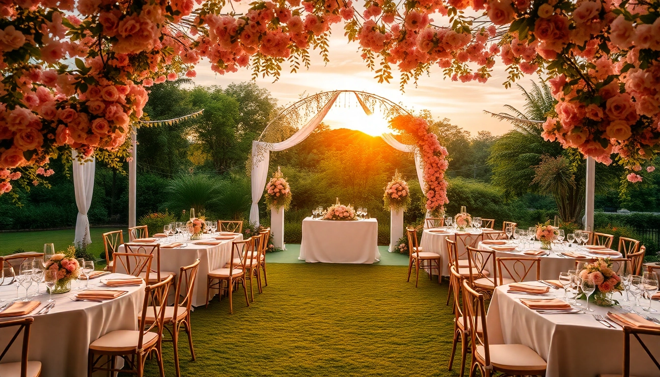 Hochzeitslocation im Freien mit blühendem Garten und eleganten Tischen dekoriert.