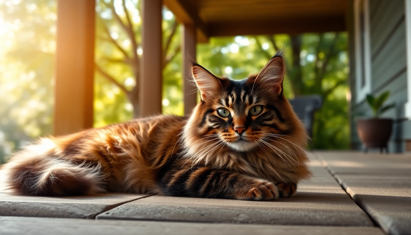 Maine Coon cats for sale Sacramento, showcasing a majestic cat in a serene outdoor setting.
