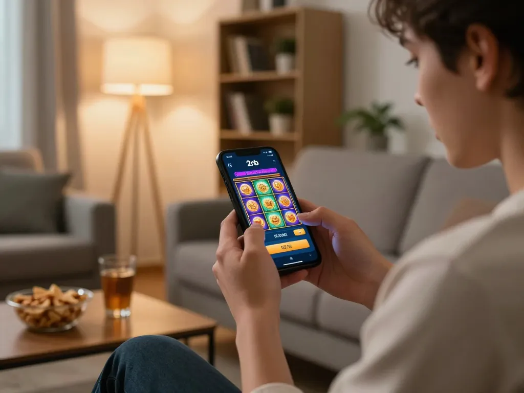 Player using a smartphone for slot deposit 2rb online gaming in cozy living room.