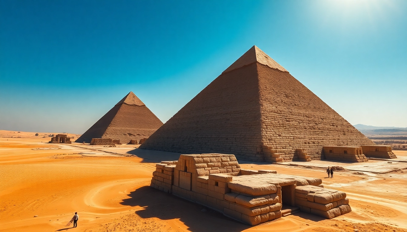 Explore the majesty of piraminds with a stunning aerial view of Giza's Great Pyramids.