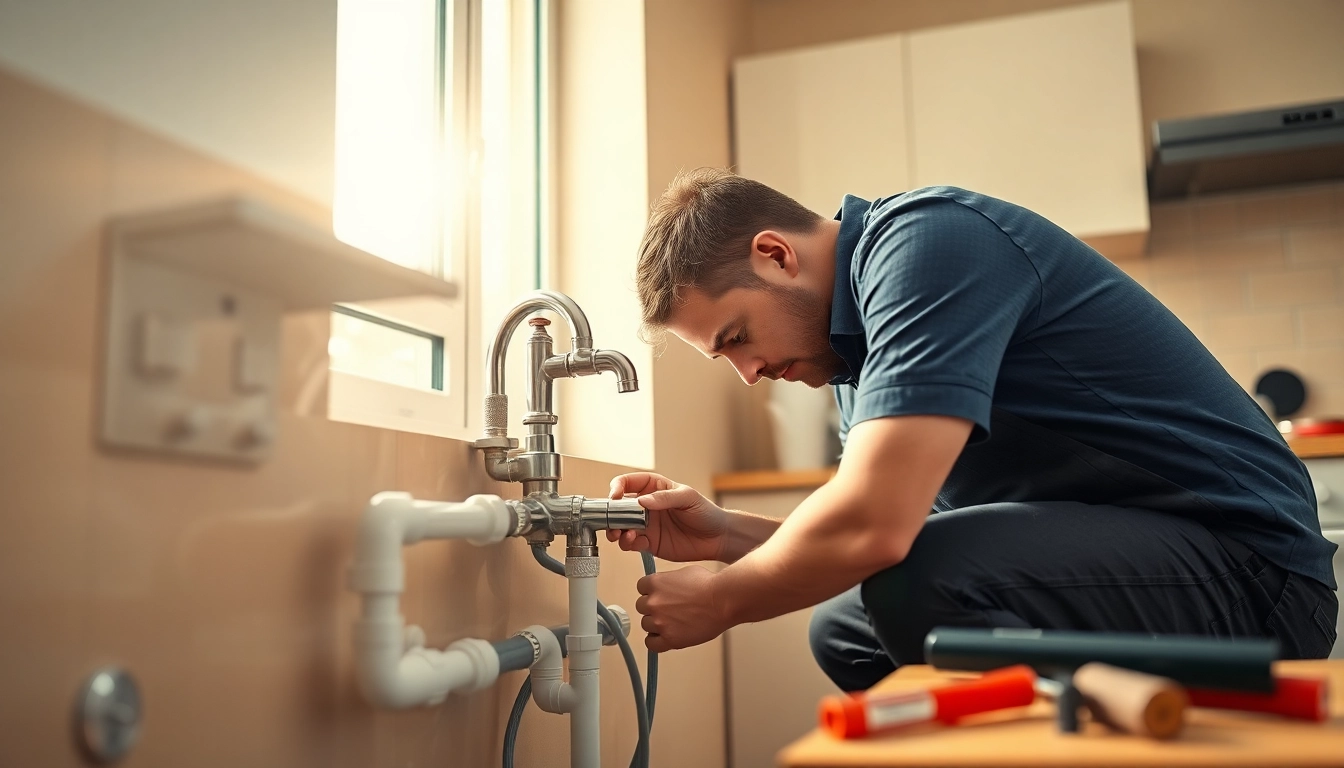 Find a reliable plumber near me fixing a sink in a bright kitchen.