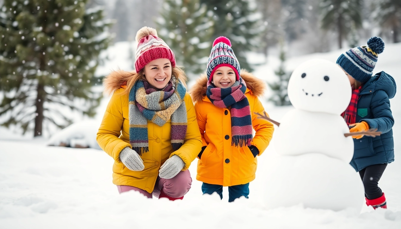 Family enjoying snowy outdoors in stylish winter apparel, showcasing joyful winter fun.