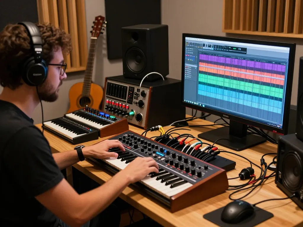 Sound engineer at work with Roland SC88 sound module, vibrant studio atmosphere.