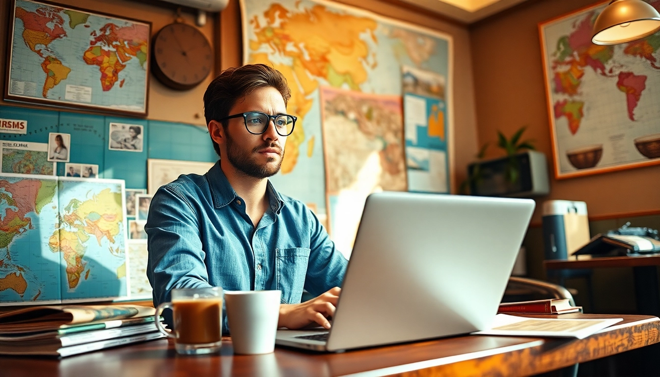 Engaging content creation at https://travelingossip.com with a travel journalist researching in a vibrant café.