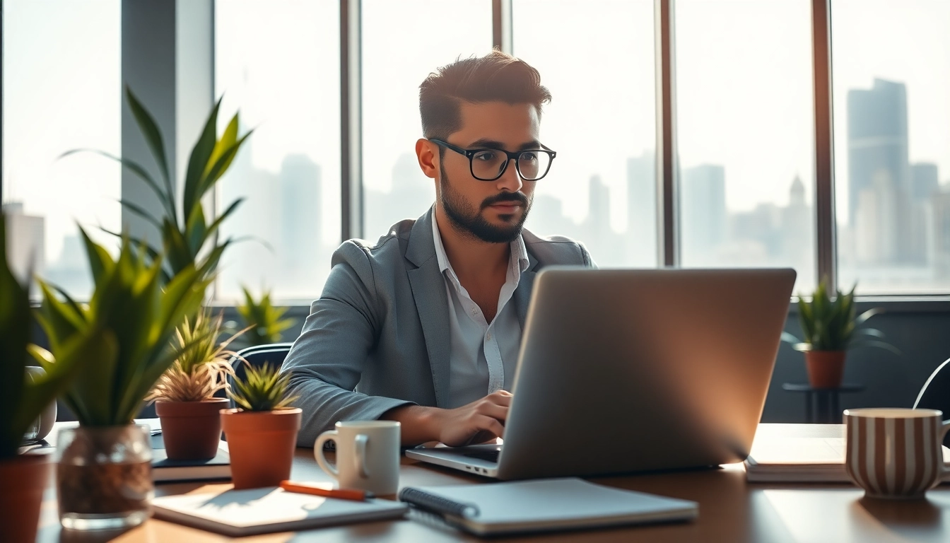 Engaged professional at https://www.trilgameshproject.com working in a modern office setting.