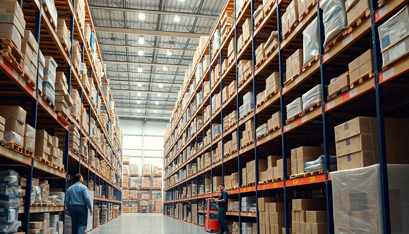 Showcasing organized warehousing space with employees efficiently managing inventory.