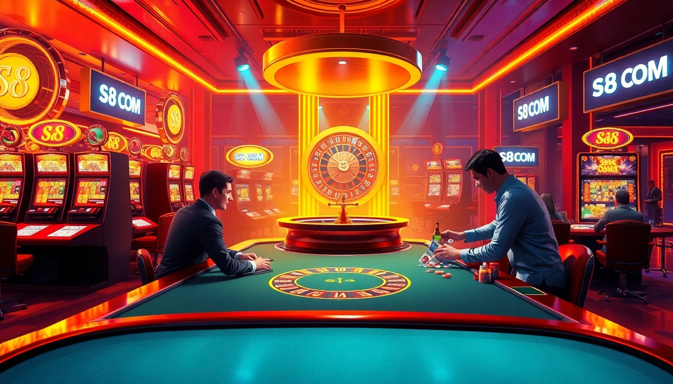 S8 COM showcases a thrilling casino scene with players at tables and vibrant slot machines, reflecting the excitement of gambling.