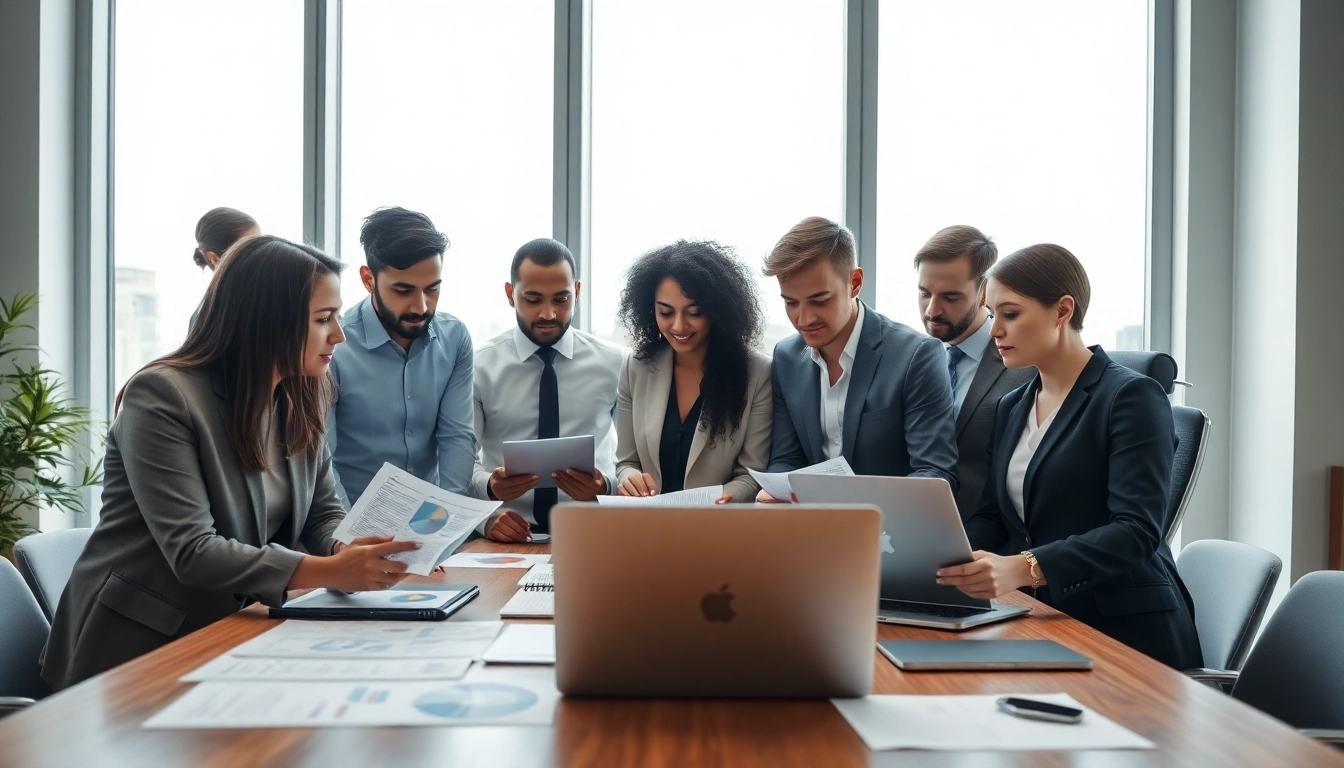 View of professionals collaborating on business reports at https://fidelitycorporate.com in a bright office.