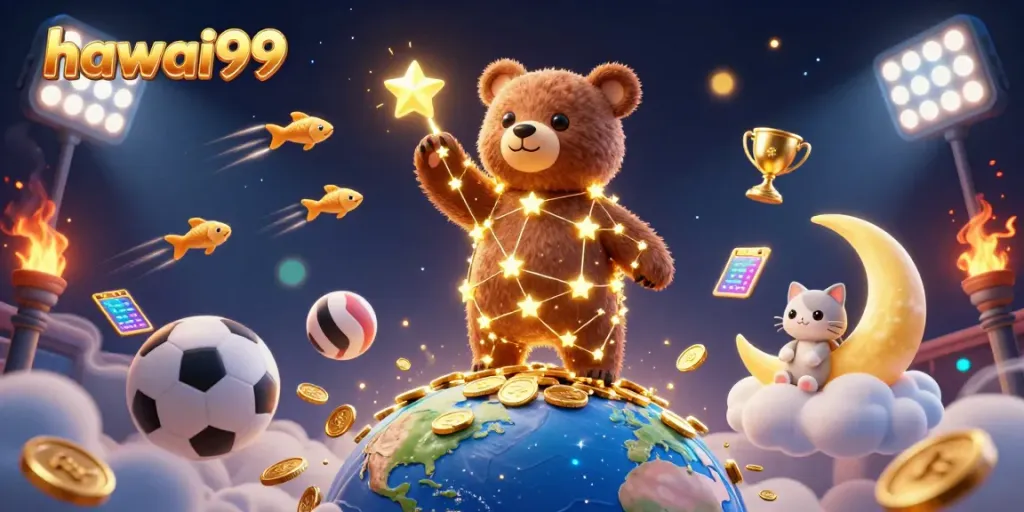 Catch exciting winnings with hawai99, featuring a cosmic bear and dynamic casino elements.