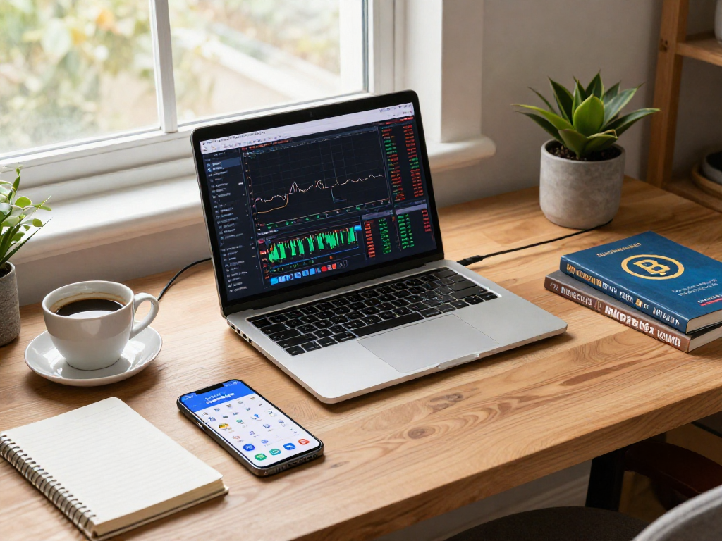 metatrader 5 官网的加密货币交易工作空间，包含交易图表和市场分析的笔记本电脑，显示安全的数字钱包应用，以及交易日志和区块链技术书籍，营造专业舒适的环境。
