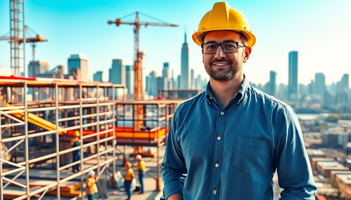New York General Contractor managing an active construction site with vibrant city skyline.