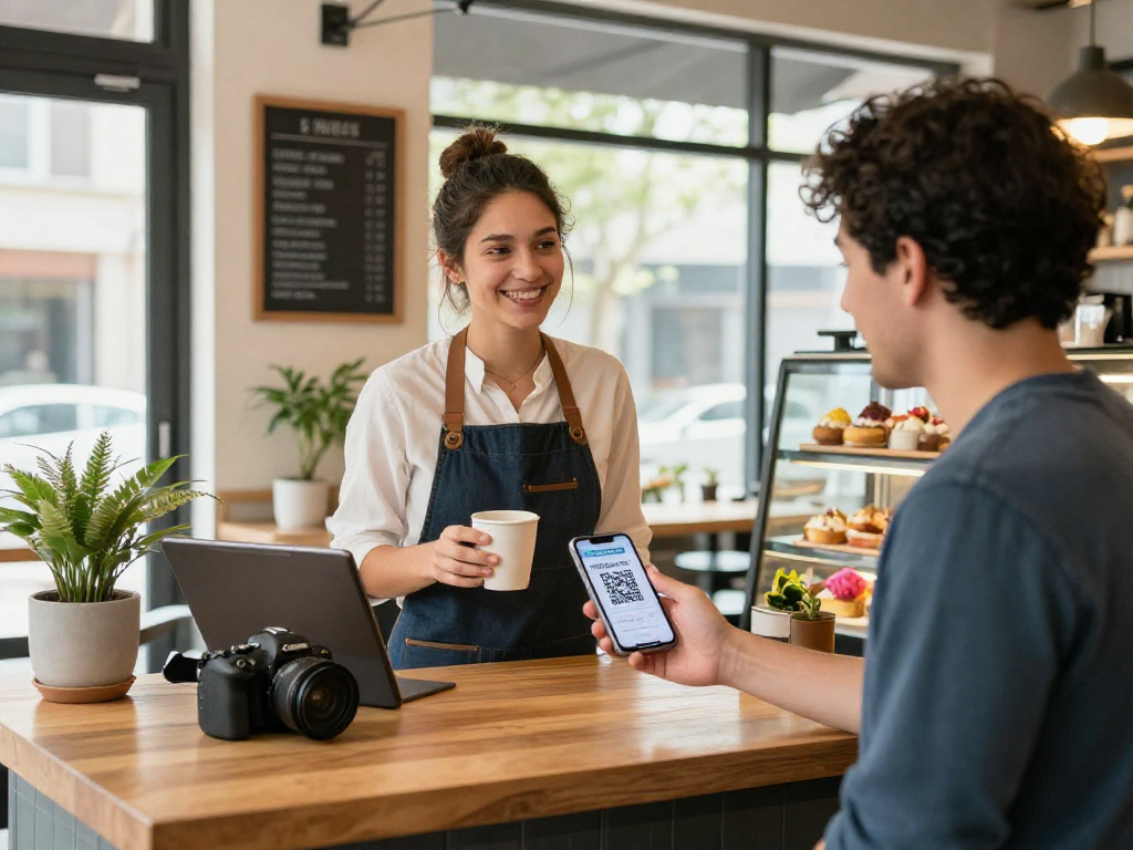 Barista rewarding customer with loyalty app points in cozy café.