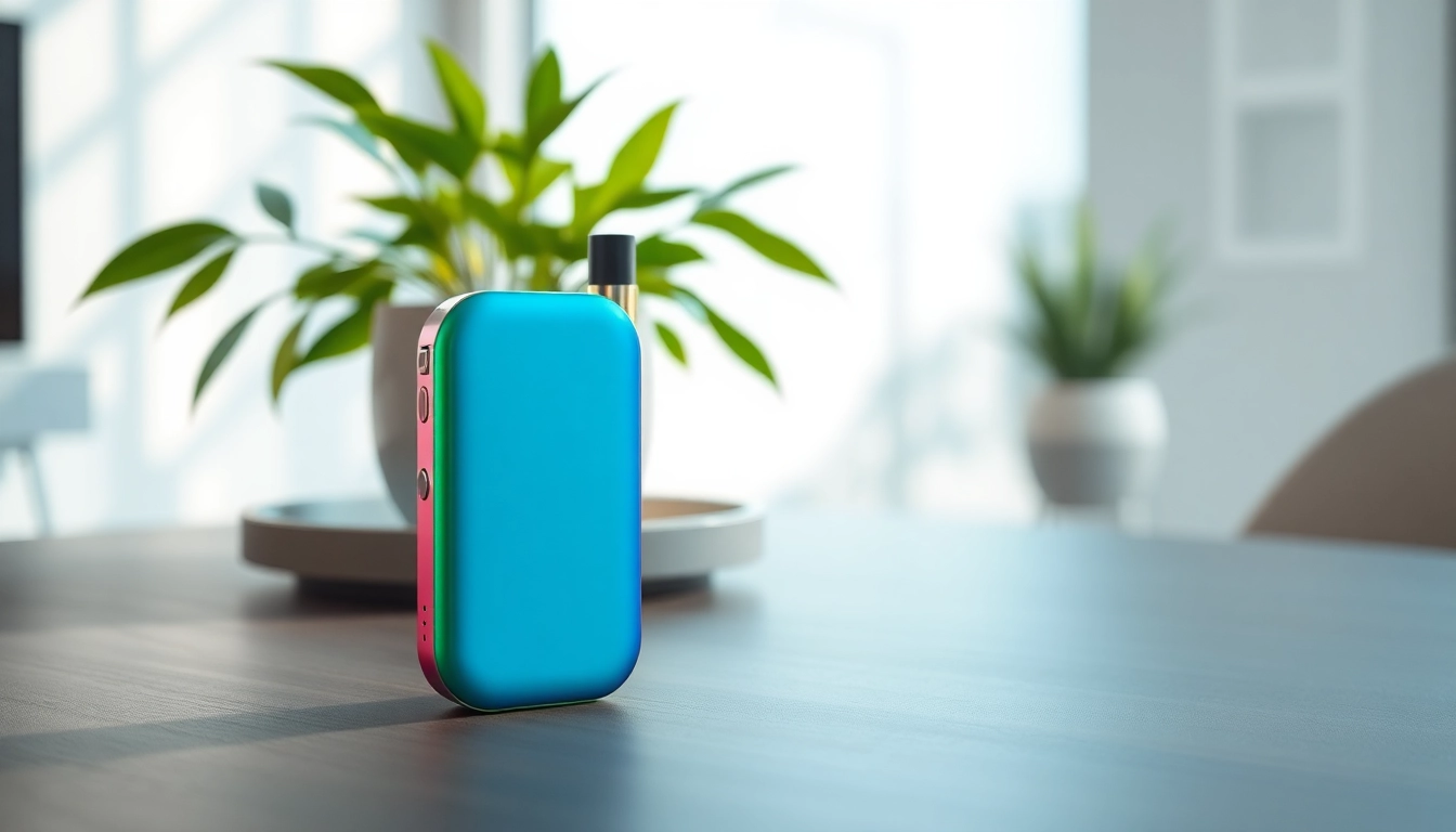 Showcasing a Flum Pebble vape device with vibrant colors on a stylish tabletop.