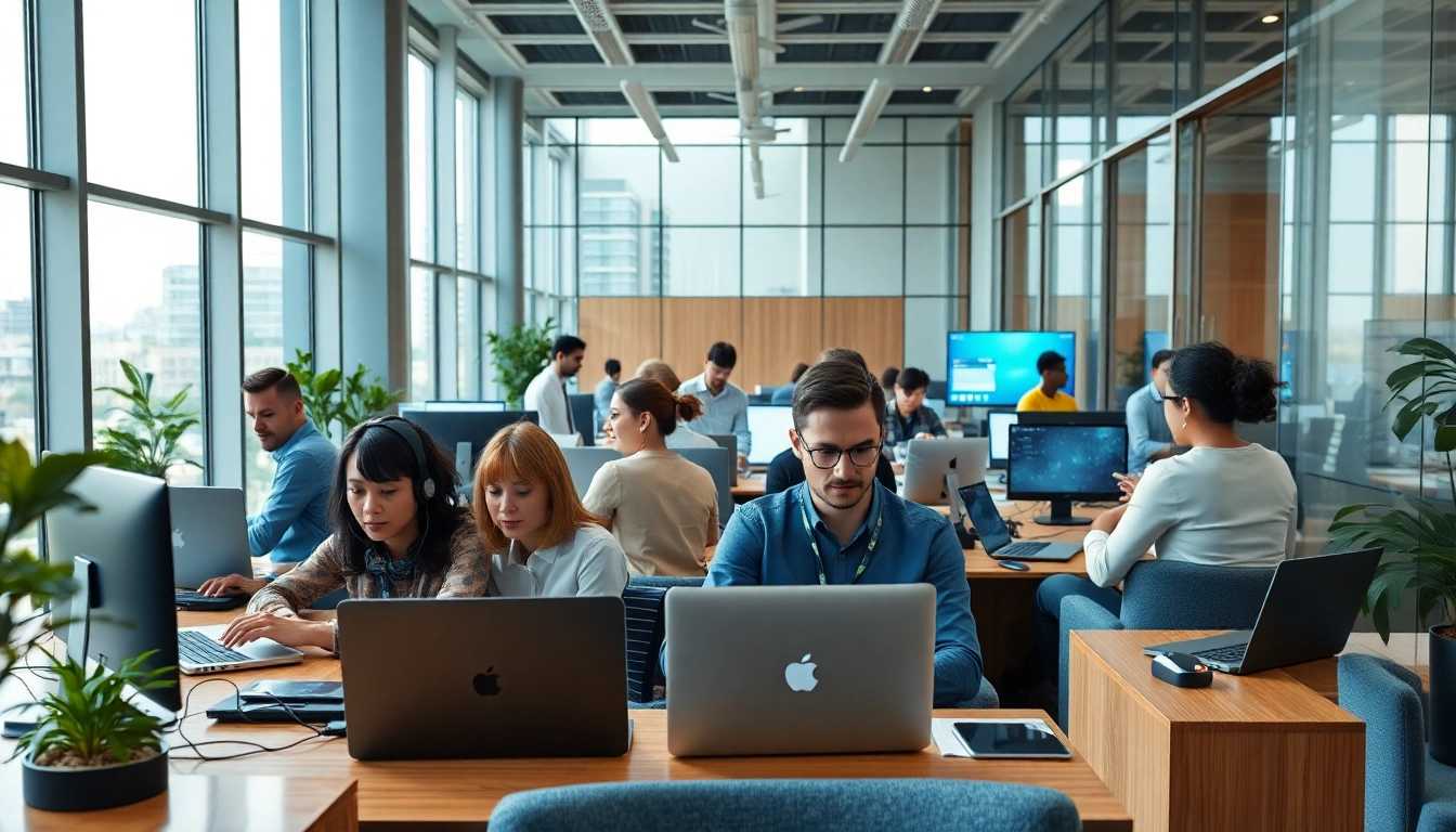 Engaged teams collaborating in leading IT Companies office space highlighting teamwork.
