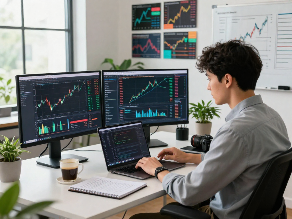 Developer utilizing the precious metal tick data API in a modern workspace, analyzing forex trends on multiple monitors.