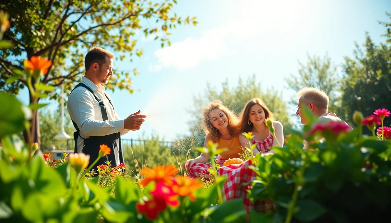 Implementing family safe insect control in a sunny garden, ensuring a peaceful family environment.