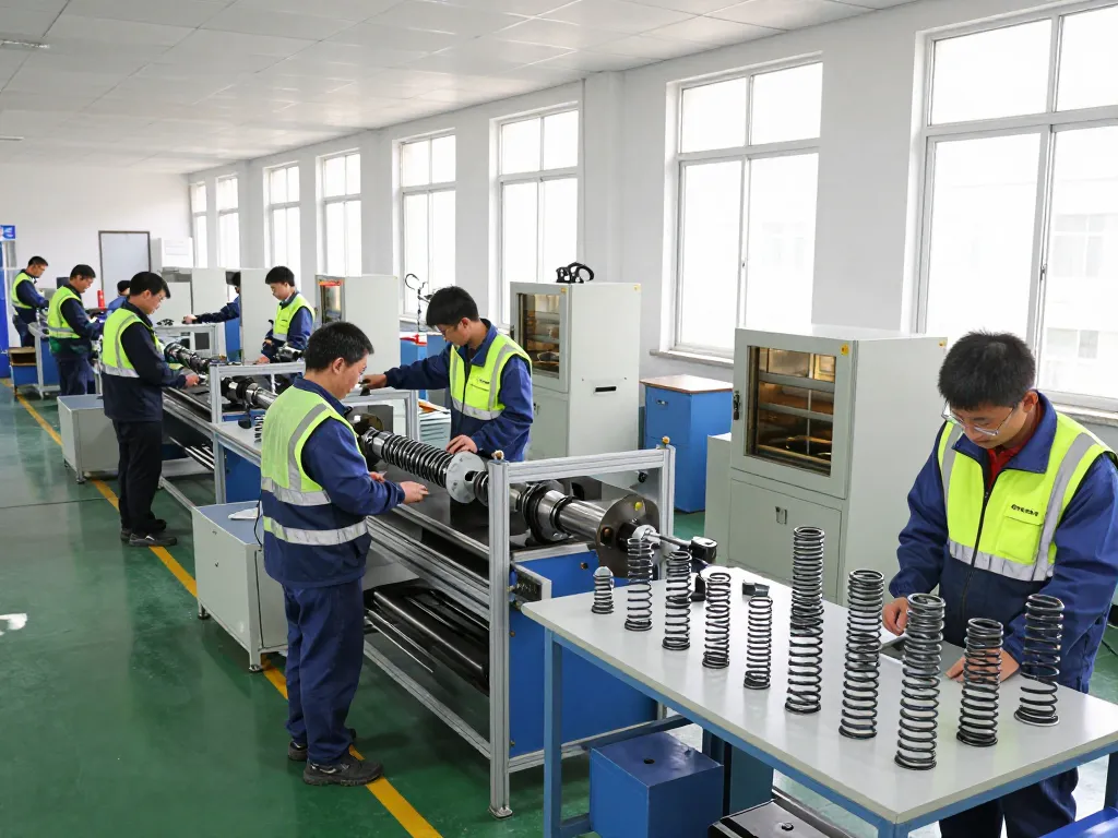 Fabrica de arcuri cu lucrători care produc arcuri de compresiune și tensiune de înaltă calitate într-o unitate modernă de fabricație.