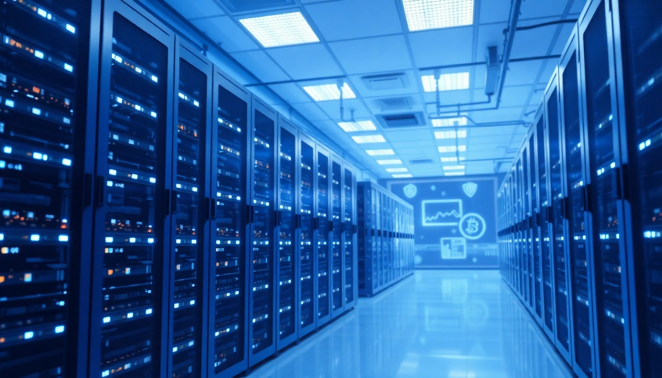 Cloud mining data center with advanced servers and digital crypto graphics.