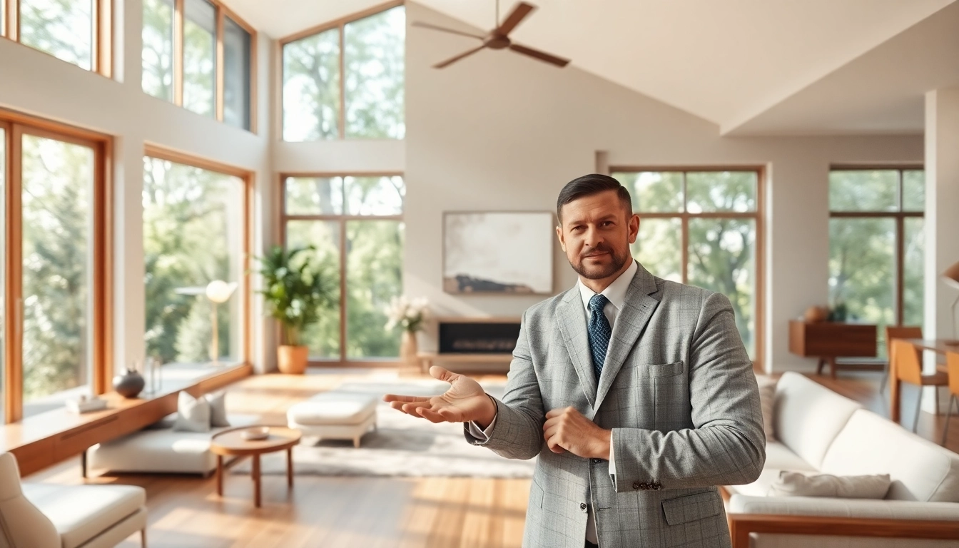 Real Estate agent showcasing an elegant home interior with modern design details.