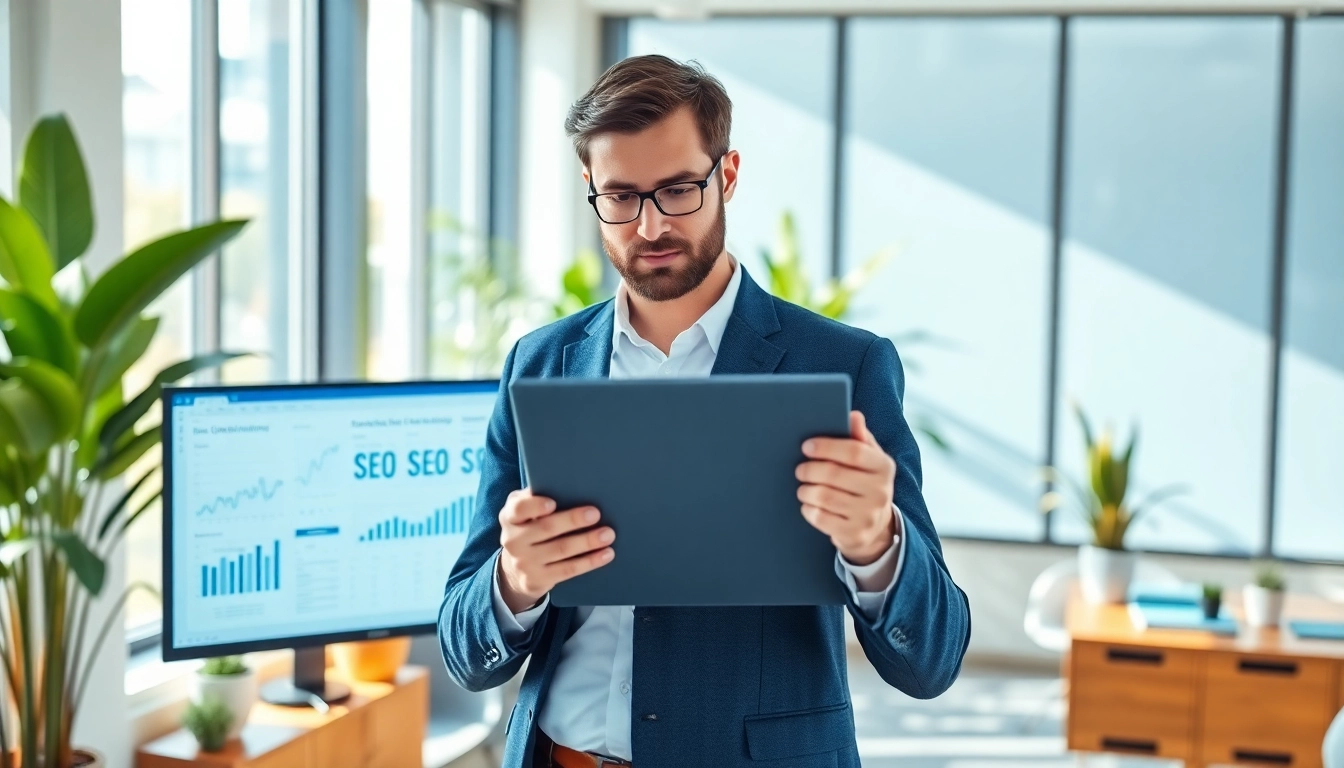 SEO consultant analyzing data in a modern office to optimize online presence.