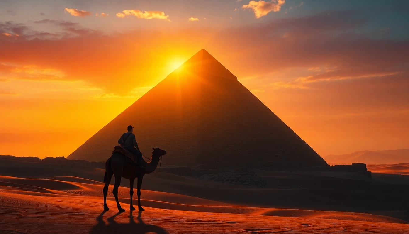 Discovering the majestic piraminds of Giza under a vibrant sunset sky.