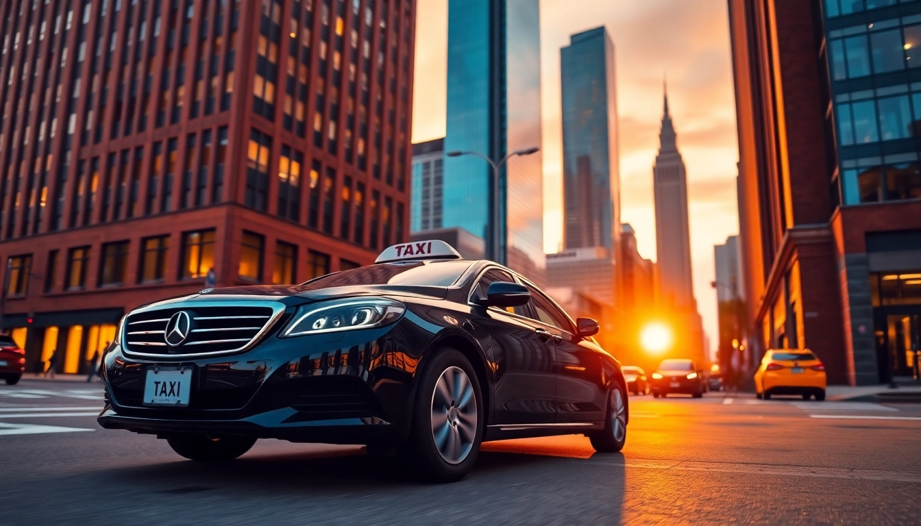 Experience premium long distance taxi transfers with a sleek taxi in a vibrant city setting.