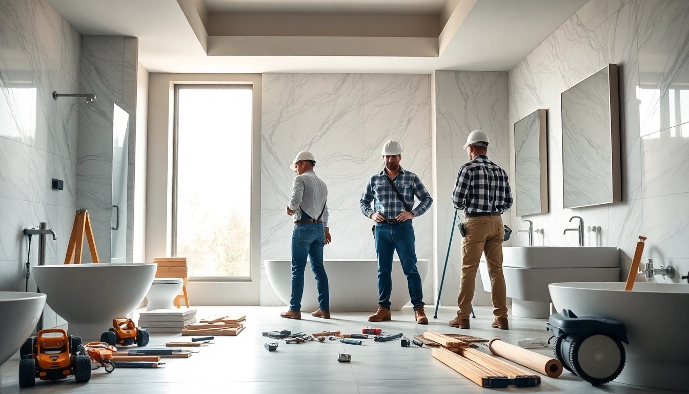 Bathroom builders collaborating on a stylish bathroom renovation with modern tools and elegant tiles.