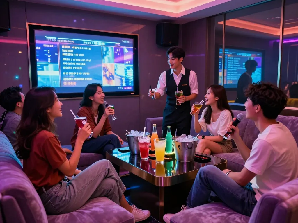 서구청쓰리노의 활기찬 분위기에서 친구들과 음료를 즐기는 프라이빗 노래방 경험