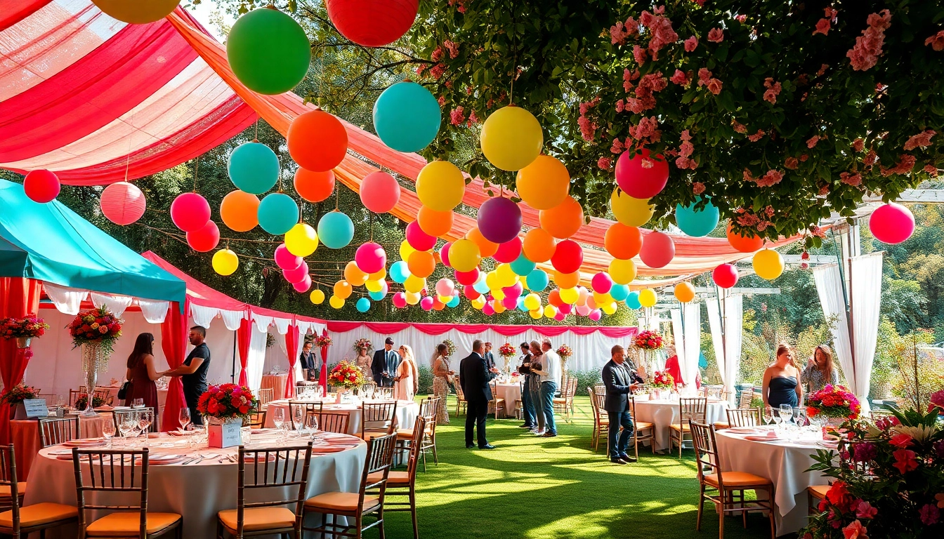 Engaging Party Rentals setup in a lively garden, featuring colorful decorations and cheerful guests.