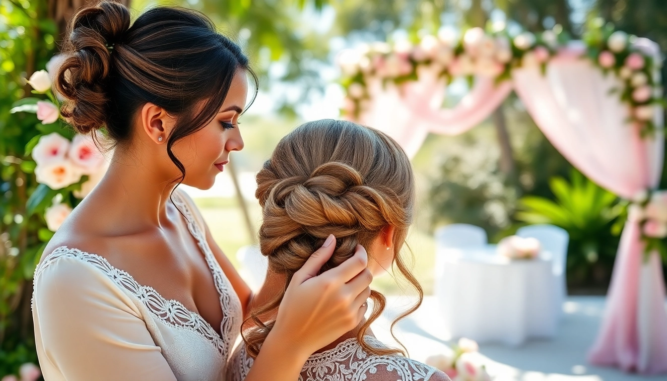 Destination wedding hair stylist creating a stunning bridal look at an outdoor wedding venue.