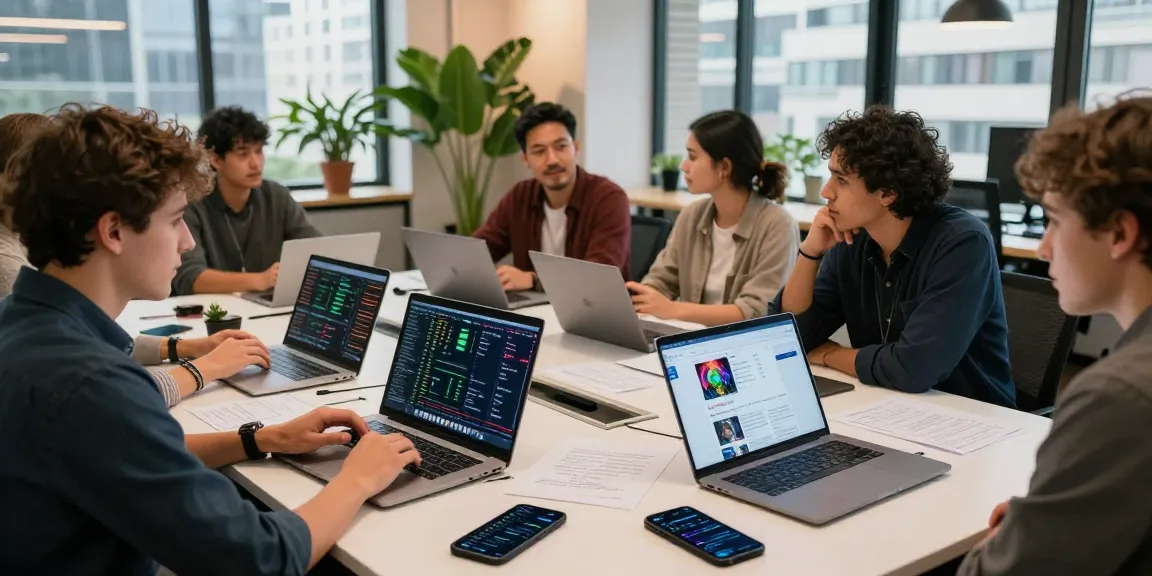 Collaborative workspace showcasing professionals discussing regulated crypto mining platform with laptops displaying blockchain data and portfolio apps.