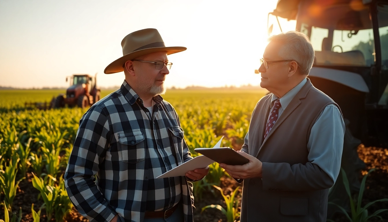 Engaged discussion on agricultural law between a farmer and attorney in a scenic field.