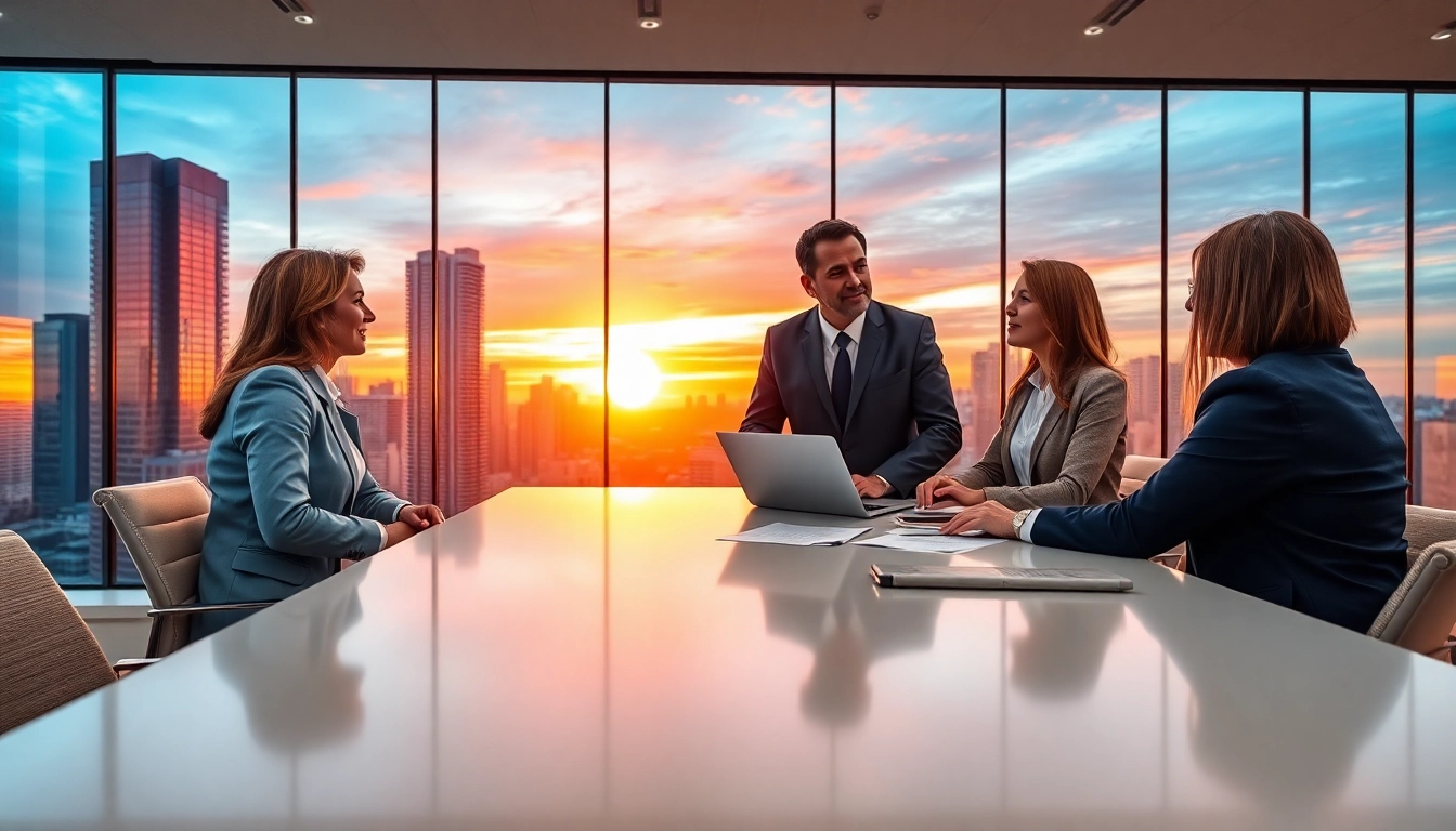 Engaging real estate agent assisting clients in a professional setting with a cityscape background.