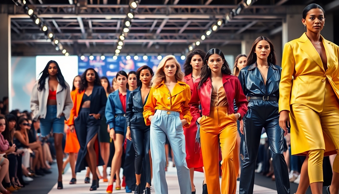 Captivating fashion and apparel showcase on a vibrant runway with dynamic models.