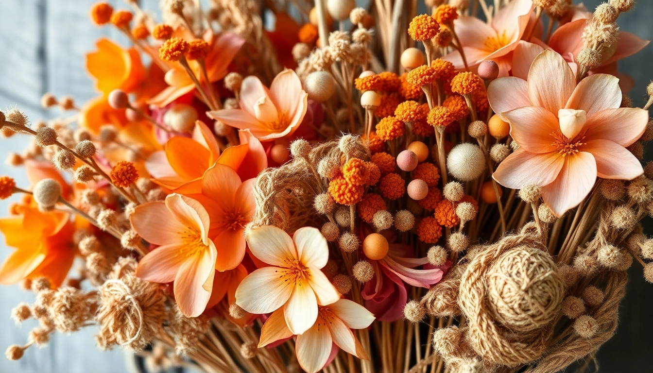 Vibrant dried flowers arrangement showcasing colors and textures in a rustic setting.