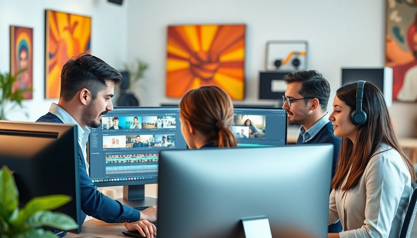 Engaged professional video editors showcase their work in a modern studio environment.