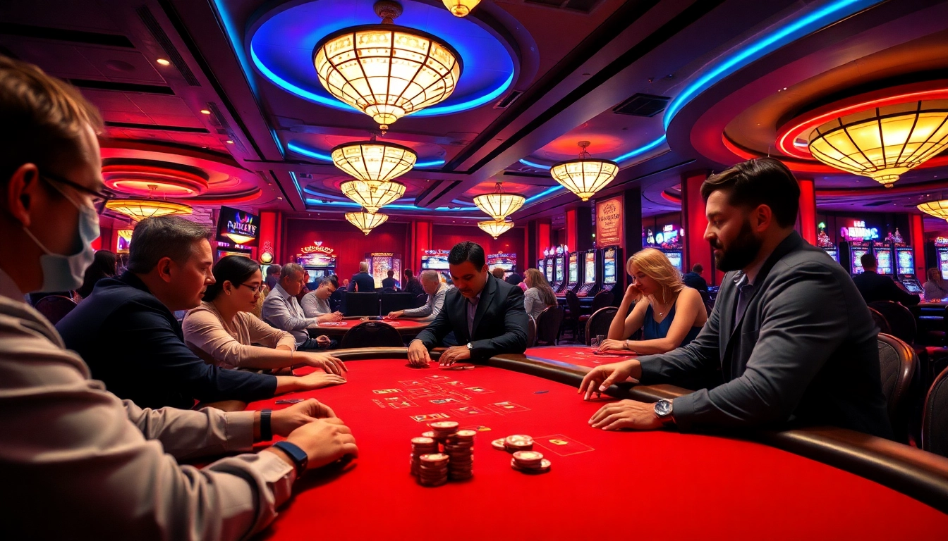 Permainan casino online yang menggembirakan dengan meja poker dan pemain aktif di sekitar.