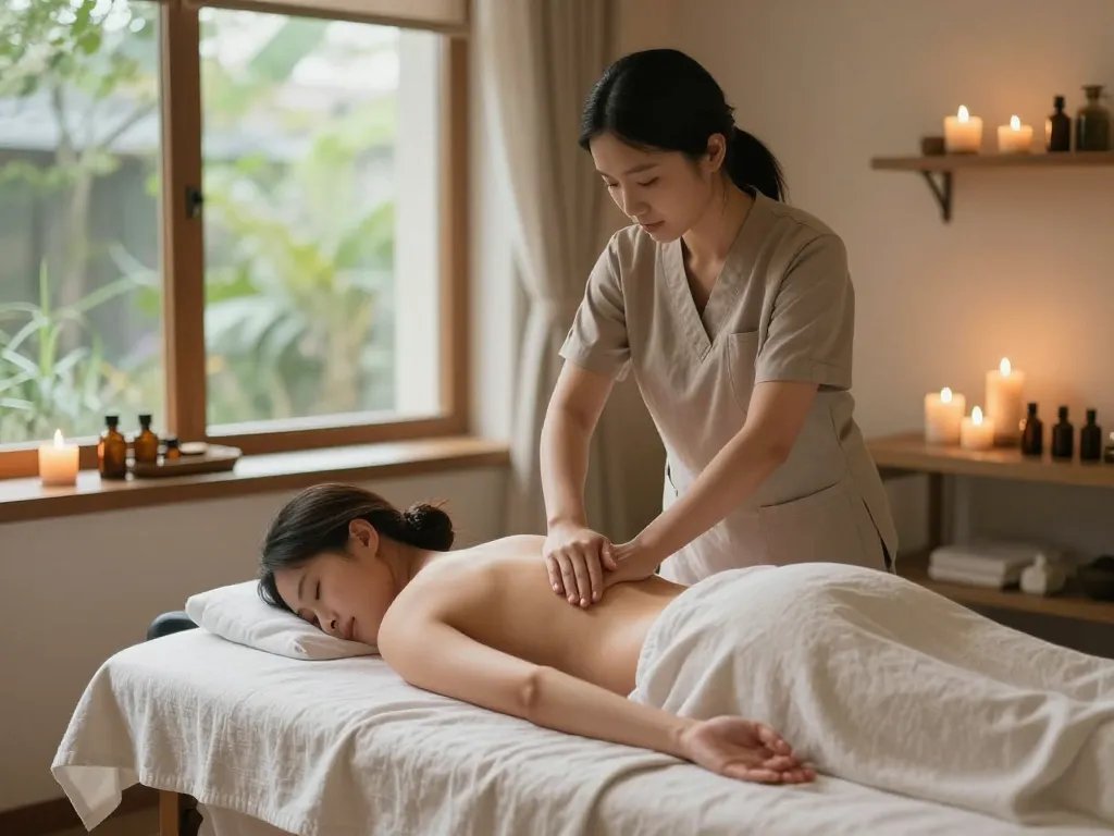 천안스웨디시 massage session in a serene spa setting with natural light.
