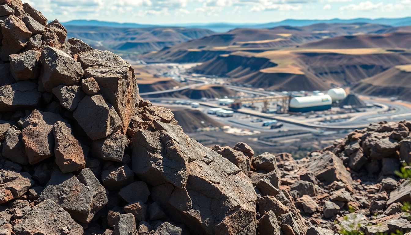 Iron ore deposits highlighted against a mining facility backdrop in natural light.