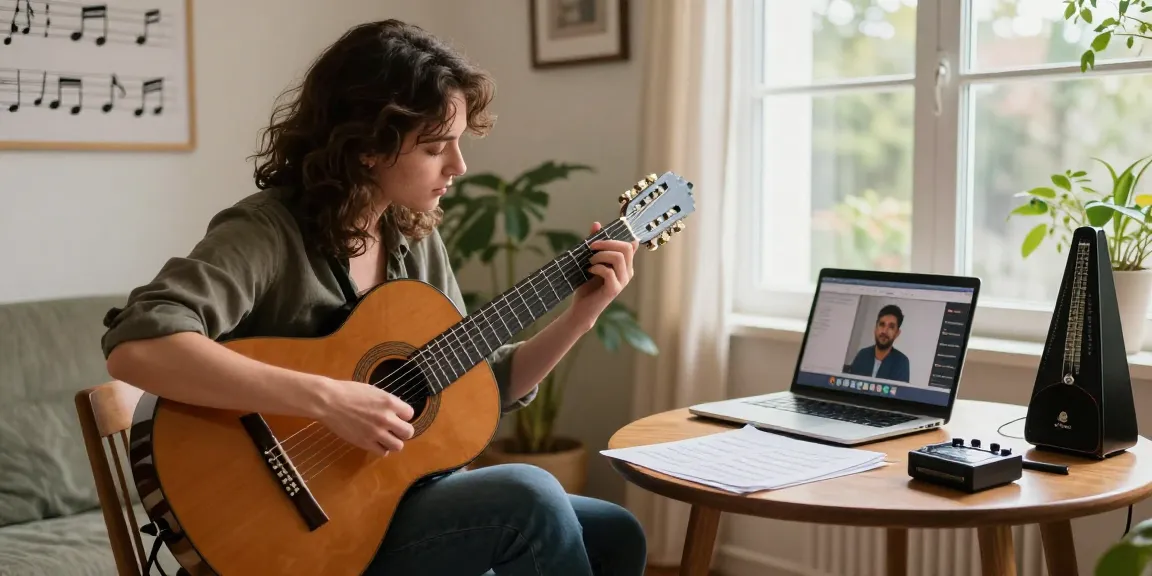 Engaging online classical guitar lessons scene with a student practicing in a cozy study setting