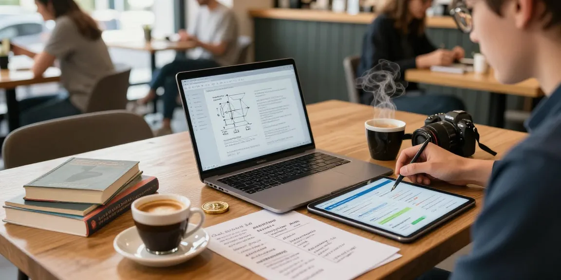 Cloud mining company research in a cozy coffee shop with laptop displaying cryptocurrency diagrams and notes for blockchain enthusiasts