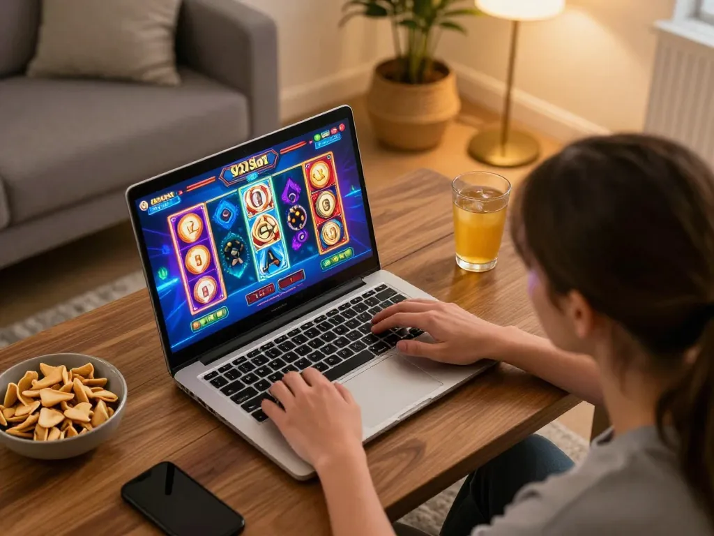 Engaging gamer playing exciting 92slot game on a laptop, colorful graphics visible.
