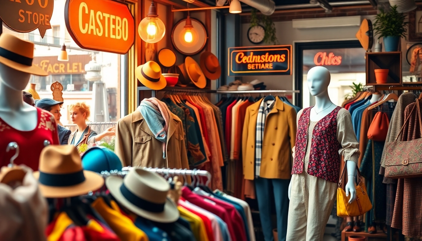 Showcase trendy vintage outfits from https://thrift-vintage.com in a stylish urban boutique.