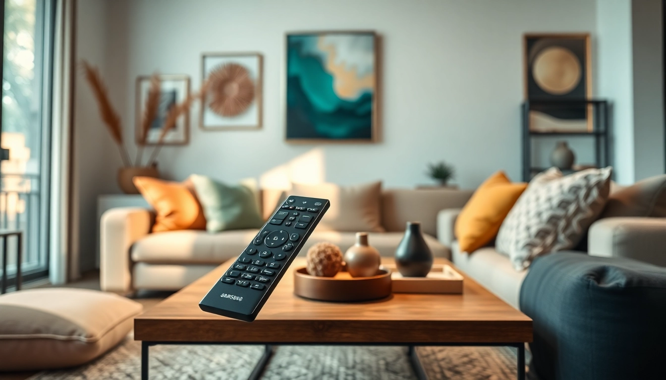Verwenden Sie die Samsung Frame TV remote LSD3 für ein optimales Fernseherlebnis in einem modernen Wohnzimmer.